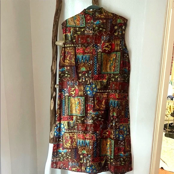 Vintage OOAK Cotton Patchwork Cotton Cheongsam Sleeveless Midi Dress - Picture 7 of 8